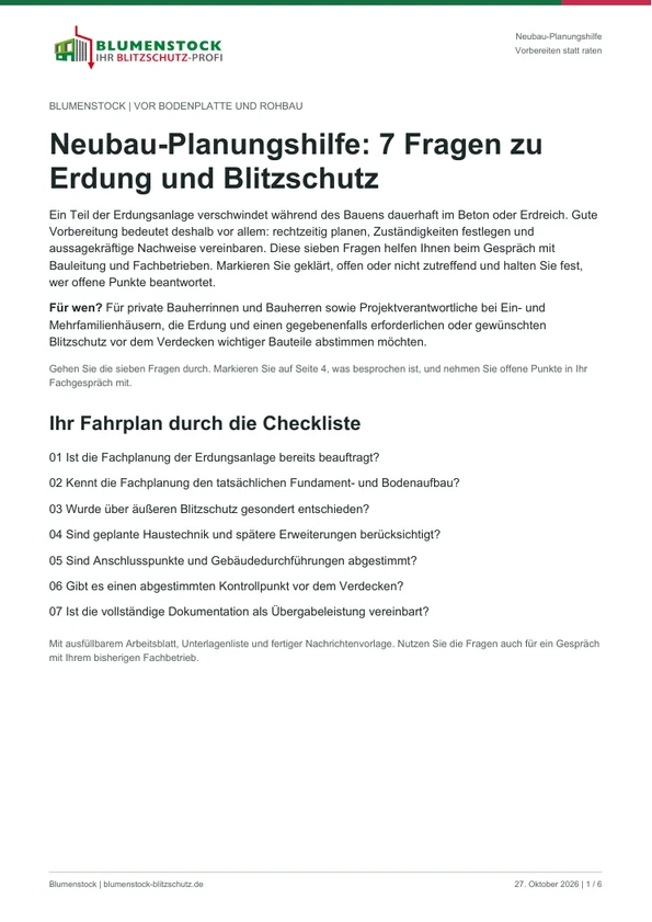 Titelseite des PDF-Ratgebers: Neubau-Planungshilfe: 7 Fragen zu Erdung und Blitzschutz