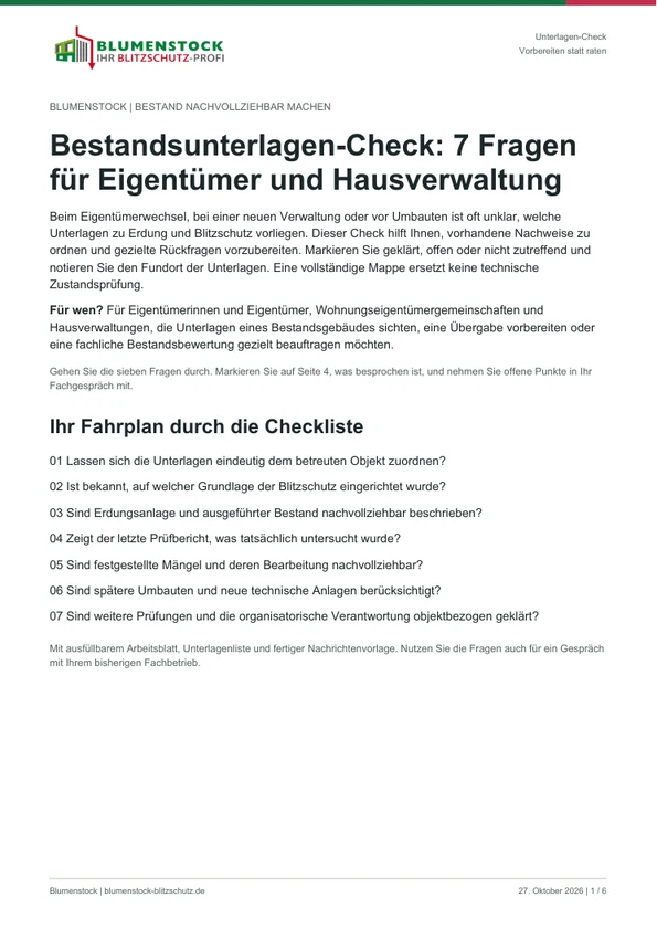 Titelseite des PDF-Ratgebers: Bestandsunterlagen-Check: 7 Fragen für Eigentümer und Hausverwaltung