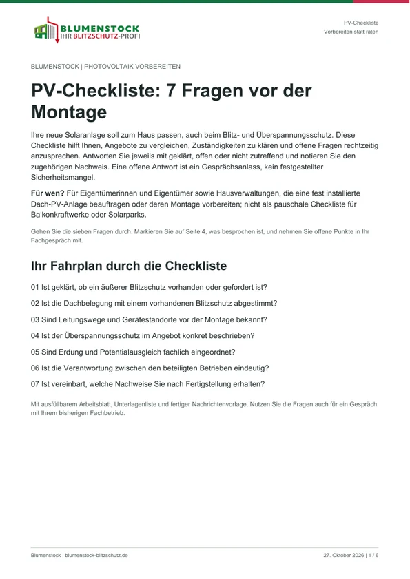 Titelseite des PDF-Ratgebers: PV-Checkliste: 7 Fragen vor der Montage